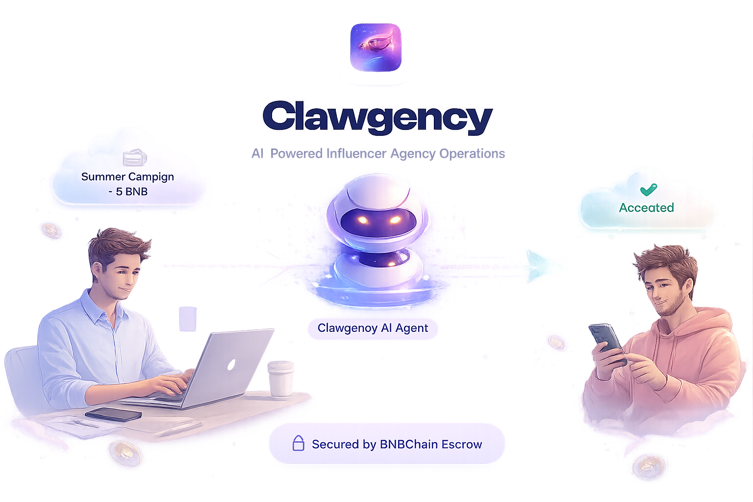 Clawgency — Brand → AI Agent → Influencer visual flow